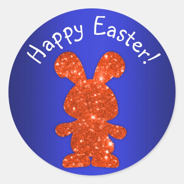 Red Glitter Bunny Happy Easter Classic Round Sticker (Front)