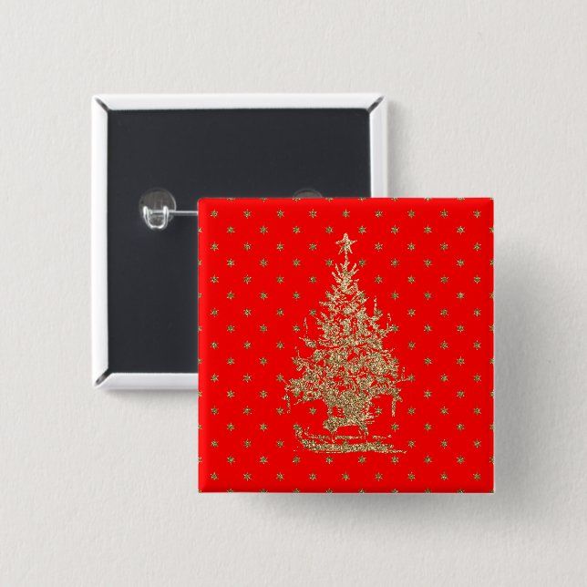 Red glitter christmas tree  2 inch square button (Front & Back)