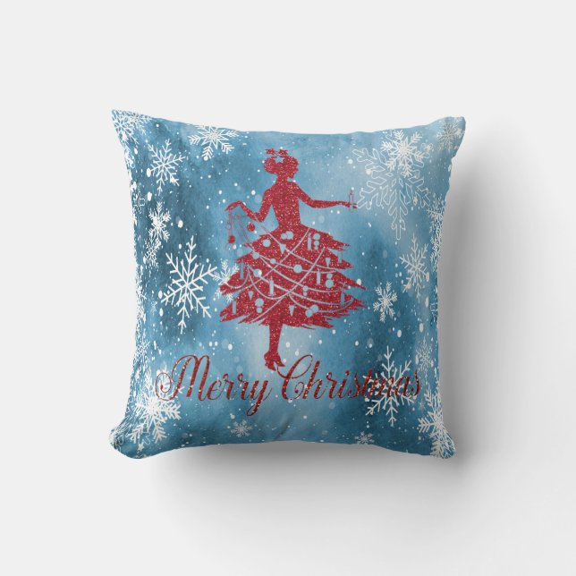 Red Glitter Christmas Tree Girl,Snowflakes Blue Throw Pillow (Front)