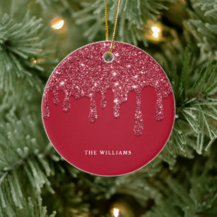 Red Glitter Drip Custom Name  Ceramic Ornament