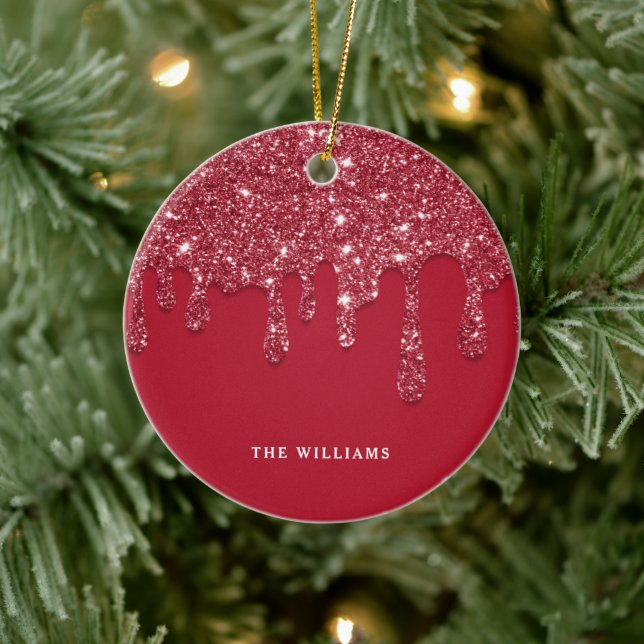 Red Glitter Drip Custom Name  Ceramic Ornament (Tree)