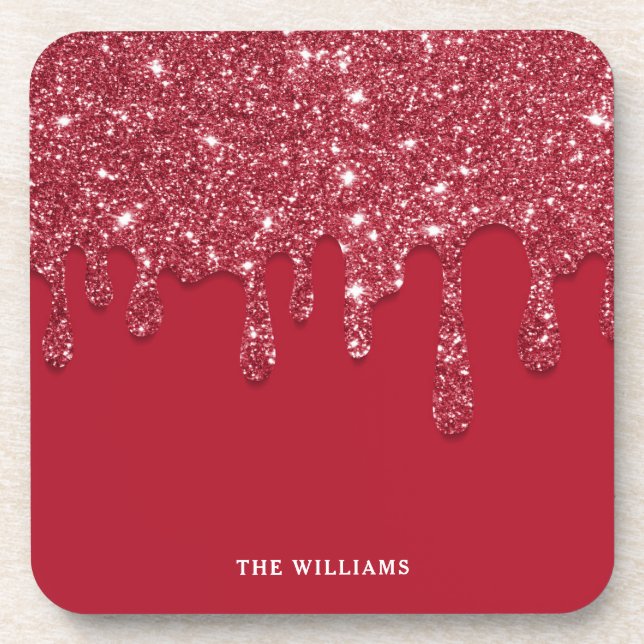 Red Glitter Drip Custom Name  Coaster (Front)