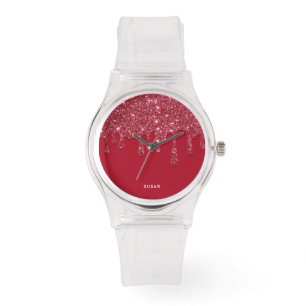 Red Glitter Drip Custom Name Women's Clear Strap Watch