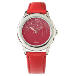 Red Glitter Drip Personalized Name Wrist Watch
