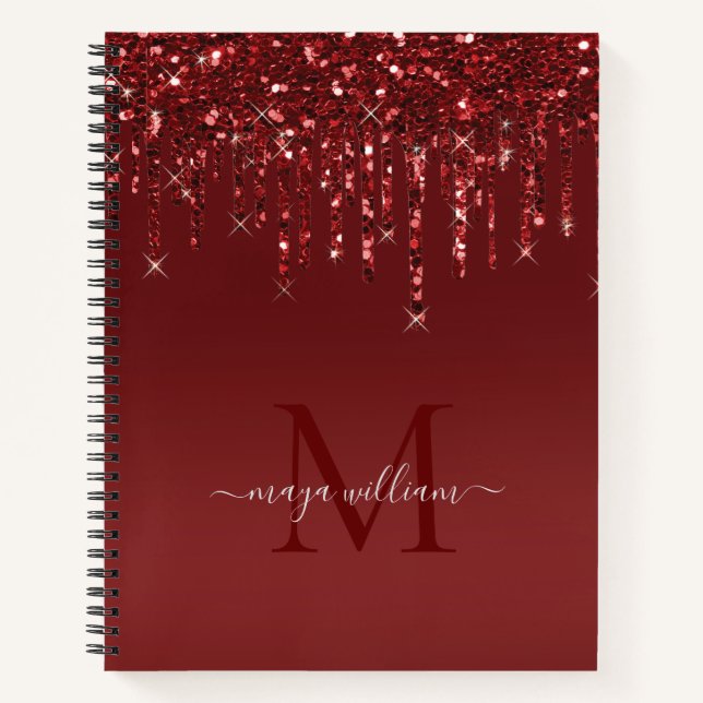 Red Glitter Drips Personalized Monogram And Name Notebook (Front)