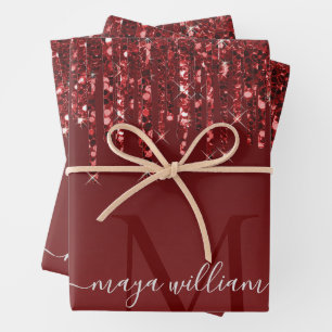 Red Glitter Drips Personalized Monogram And Name Wrapping Paper Sheet