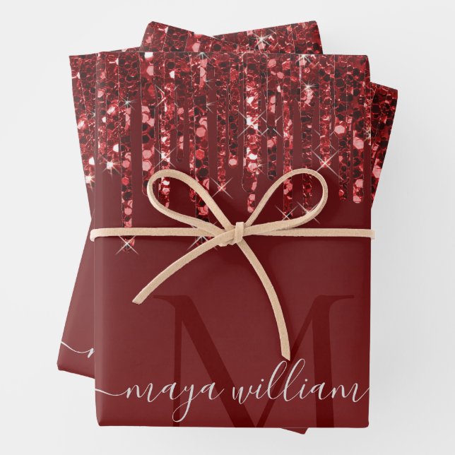 Red Glitter Drips Personalized Monogram And Name Wrapping Paper Sheet (In situ)