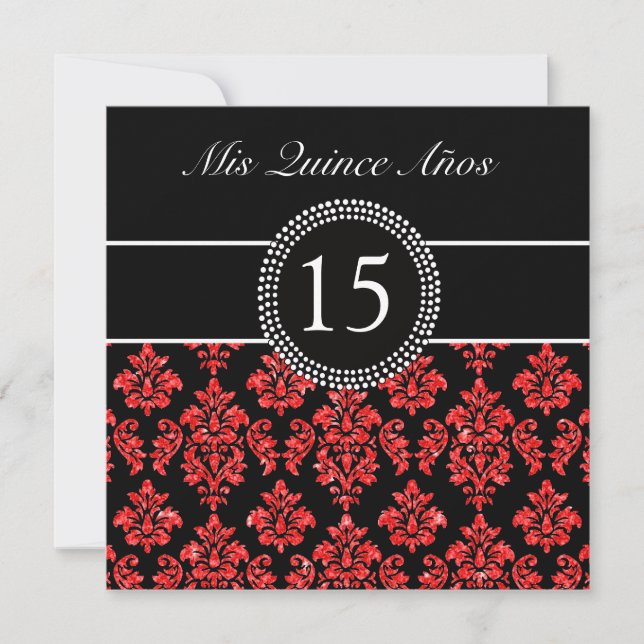 RED GLITTER EFFECT BLACK DAMASK QUINCEANERA INVITATION (Front)