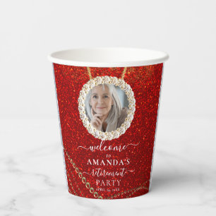 Red Glitter Elegant Custom Photo Retirement Party Paper Cups