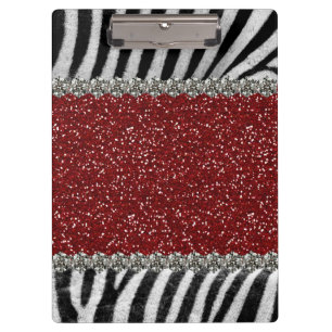 Red Glitter (Faux) Zebra Stripes Personalized Clipboard