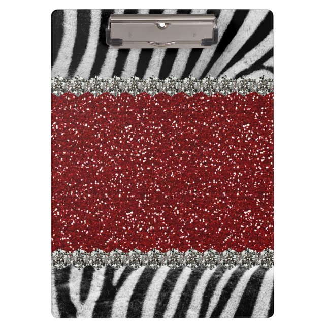 Red Glitter (Faux) Zebra Stripes Personalized Clipboard (Front)