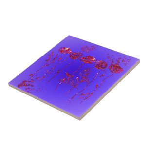Red Glitter Flowers and Butterflies Ceramic Tile