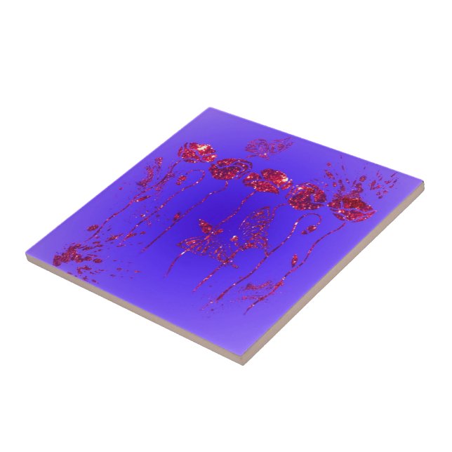 Red Glitter Flowers and Butterflies Ceramic Tile (Side)