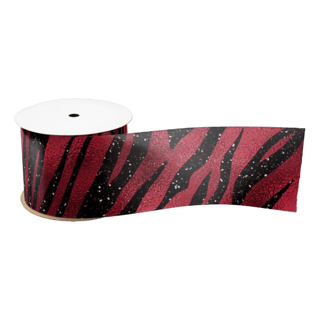 Red Glitter Glam Tiger Stripes Pattern Satin Ribbon (Spool)