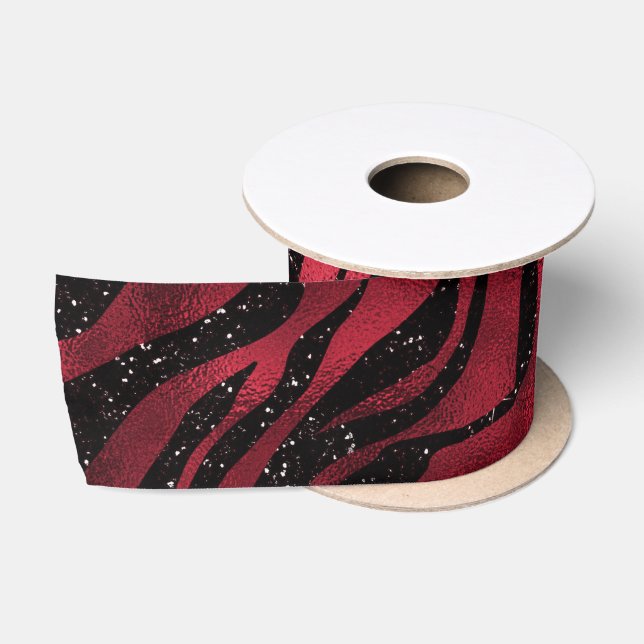 Red Glitter Glam Zebra Stripes Pattern Satin Ribbon (Spool)