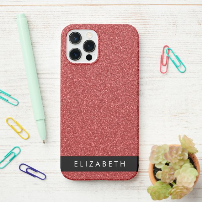 Red Glitter, Glitter Background, Your Name iPhone Case (On Desk)