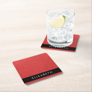 Red Glitter, Glitter Background, Your Name Square Paper Coaster