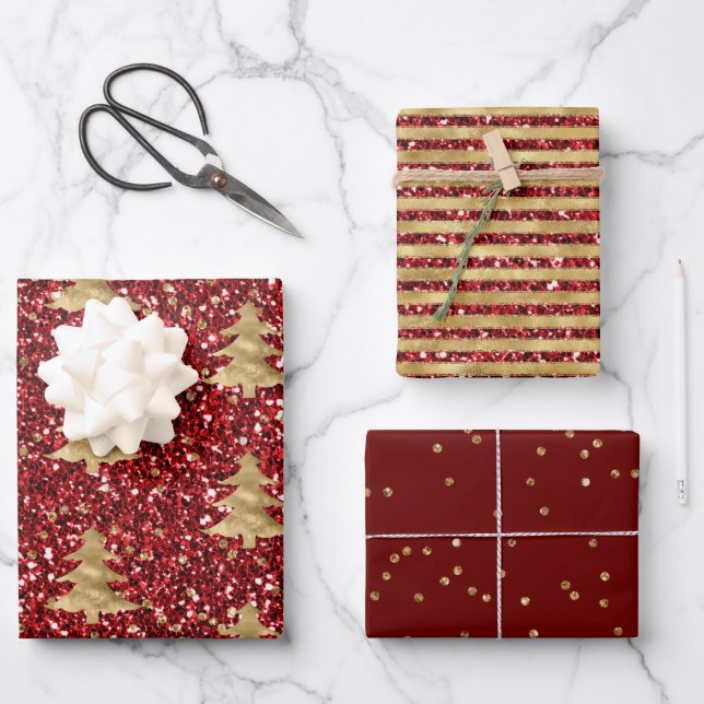 Red Glitter Glitzy Gold Christmas Trees    Wrapping Paper Sheet (Front)