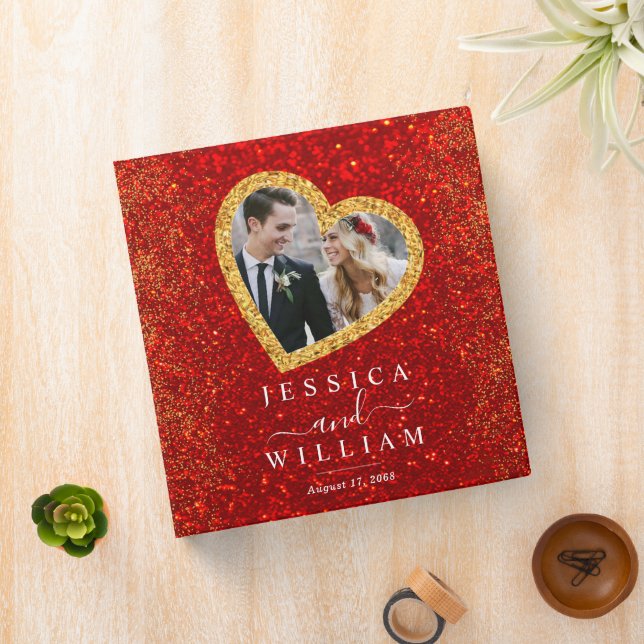 Red Glitter Gold Heart Custom Wedding Photo Album Binder (In Situ)