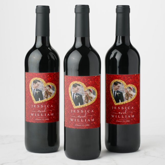 Red Glitter Gold Heart Custom Wedding Photo Wine Label (Bottles)