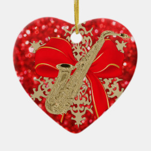 Red Glitter Gold Saxophone Music Holiday Ornament