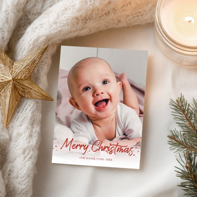 Red Glitter Handwritten Photo Merry Christmas Postcard (Creator Uploaded)