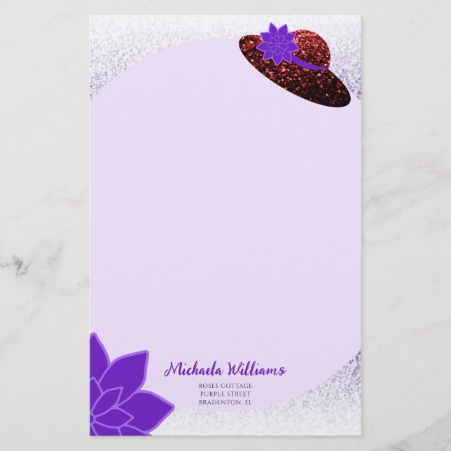 Red glitter hat purple lavender paper stationery (Front)