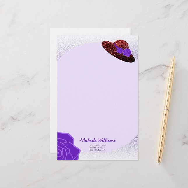Red glitter hat purple lavender paper stationery (Front/Back In Situ)