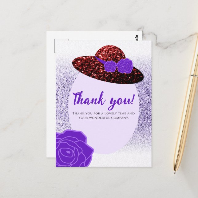 Red glitter hat purple lavender Thank you Postcard (Front/Back In Situ)