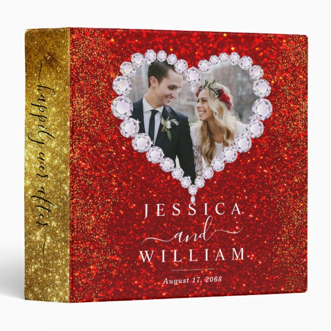 Red Glitter Heart Diamonds Custom Wedding Album Binder (Front/Spine)
