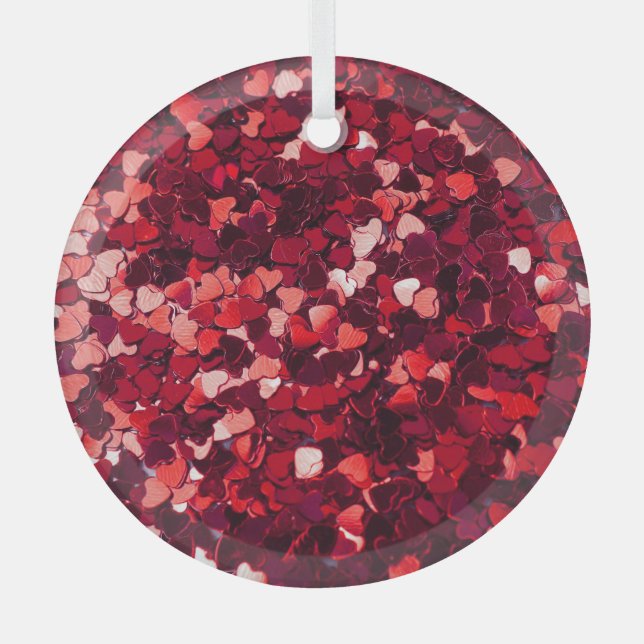 Red Glitter Heart: Minimalist Texture. Glass Ornament (Front)