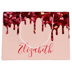 Red Glitter Hearts Drips with Name and Text Large Gift Bag