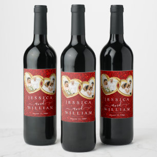 Red Glitter Hearts Photo Custom Wedding Wine Label