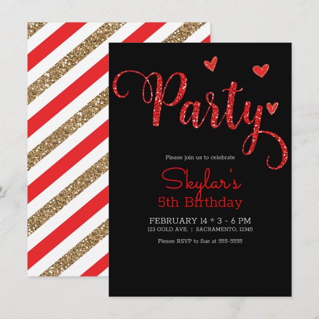 Red Glitter Hearts Valentine's Day Birthday Party  Invitation (Front/Back)