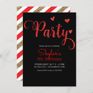 Red Glitter Hearts Valentine's Day Birthday Party Invitation