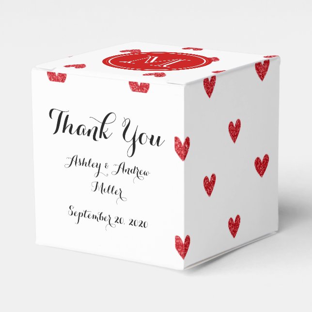 Red Glitter Hearts with Monogram Favor Box (Front Side)