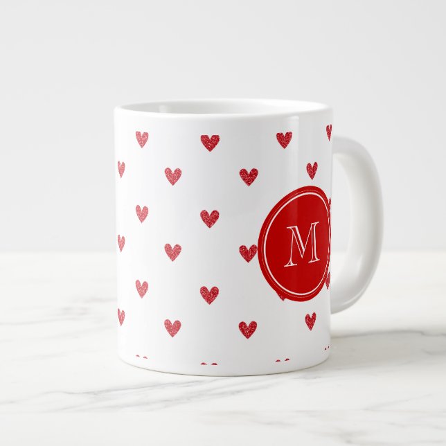 Red Glitter Hearts with Monogram Large Coffee Mug (Front Right)