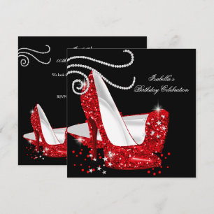 Red Glitter High Heels Black Birthday Party Invitation