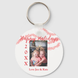 Red glitter kids family photo happy holidays name keychain