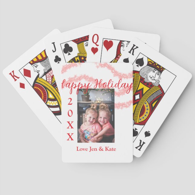 Red glitter kids family photo happy holidays name playing cards (Back)