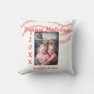 Red glitter kids family photo happy holidays name throw pillow