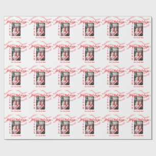 Red glitter kids family photo happy holidays name wrapping paper