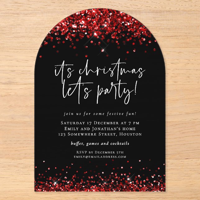Red Glitter Lets Party Christmas Black Acrylic Invitations (Front)