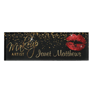Red Glitter Lips and Elegant Gold Name Tag