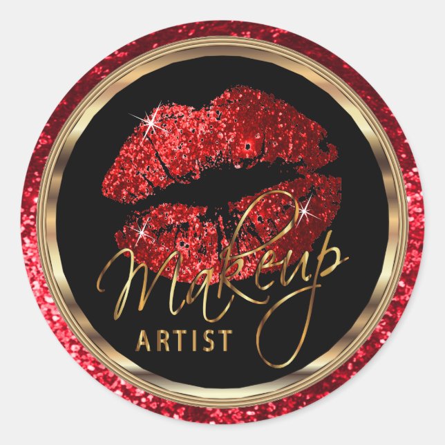 Red Glitter Lips Makeup Artist Classic Round Sticker (Front)