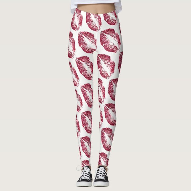 Red Glitter Lips Modern White Leggings (Front)