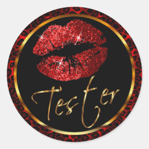 Red Glitter Lips on Leopard Print Classic Round Sticker