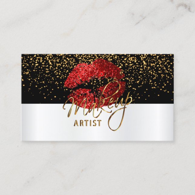 Red Glitter Lips On White and Black Business Card (Front)