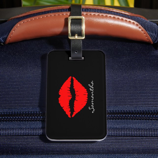 Red Glitter Lips Personalized Name Luggage Tag (Front Insitu 2)