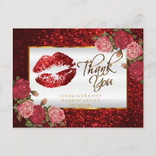 Red Glitter Lipstick and  Roses - Thank You Postcard